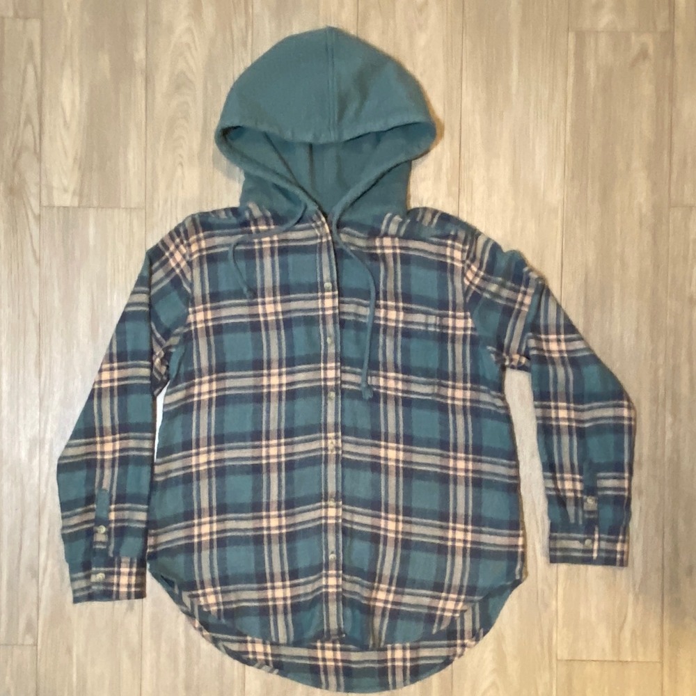 American Eagle Women's XS Teal Plaid Hooded Flannel Shirt Button Up